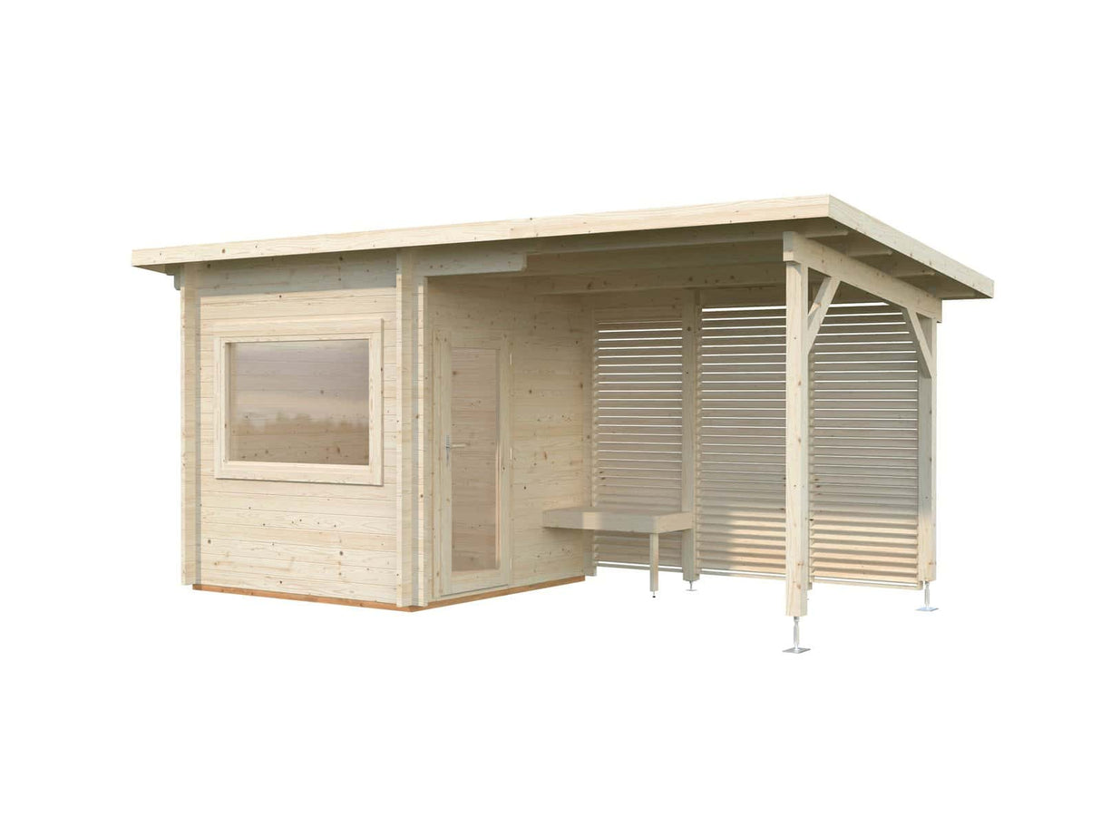 Sanna S+ (5,1x2,3m | 4,1+5,9m² | 44mm) Moderni pihasauna katoksella