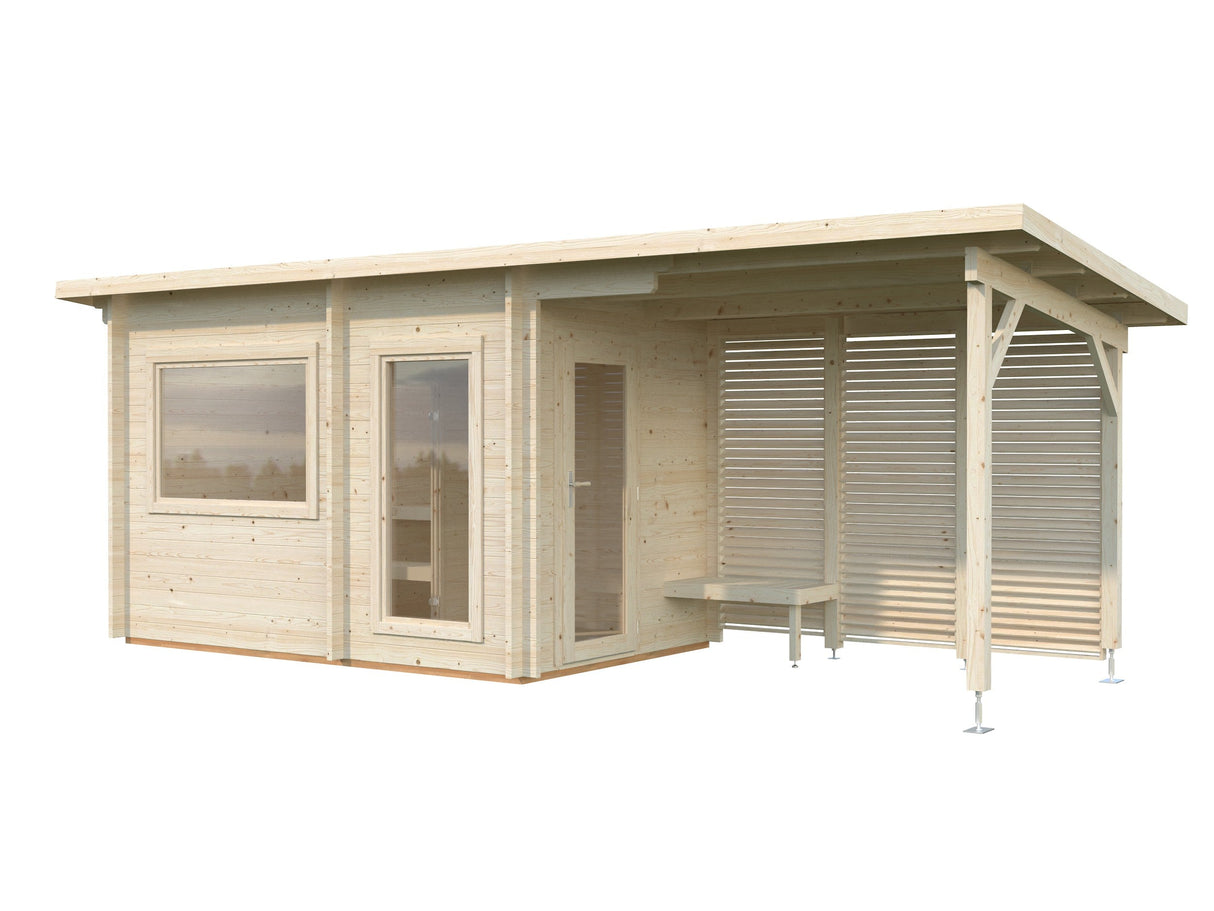Sanna M+ (6,5x2,5m | 6,8+5,9m² | 44mm) Moderni pihasauna pukuhuoneella ja katoksella