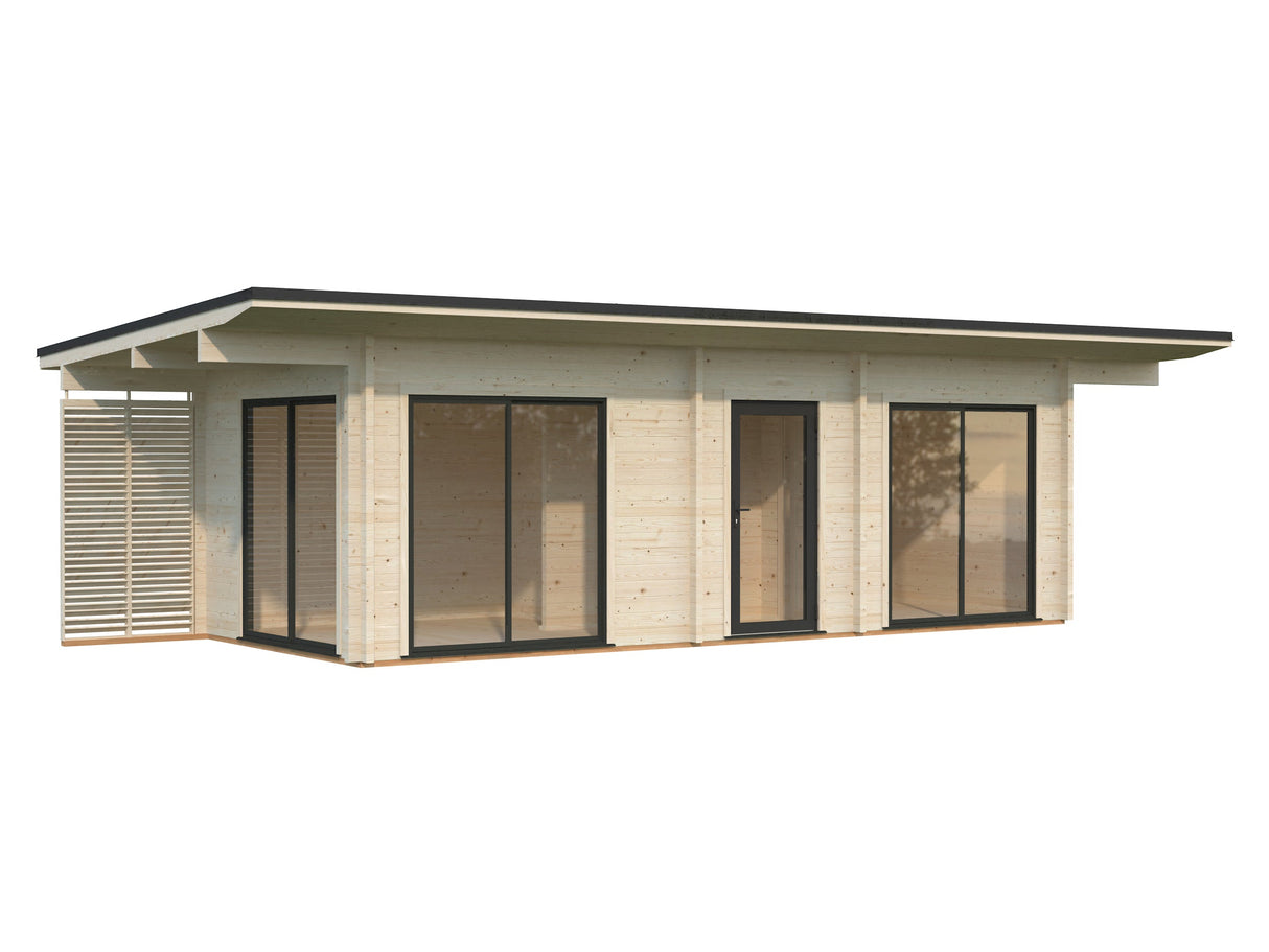 Cecilia M (7,8x3,3m | 21,8m² | 70mm) Kolmehuoneinen moderni kesämökki alumiiniovilla ja -ikkunoilla