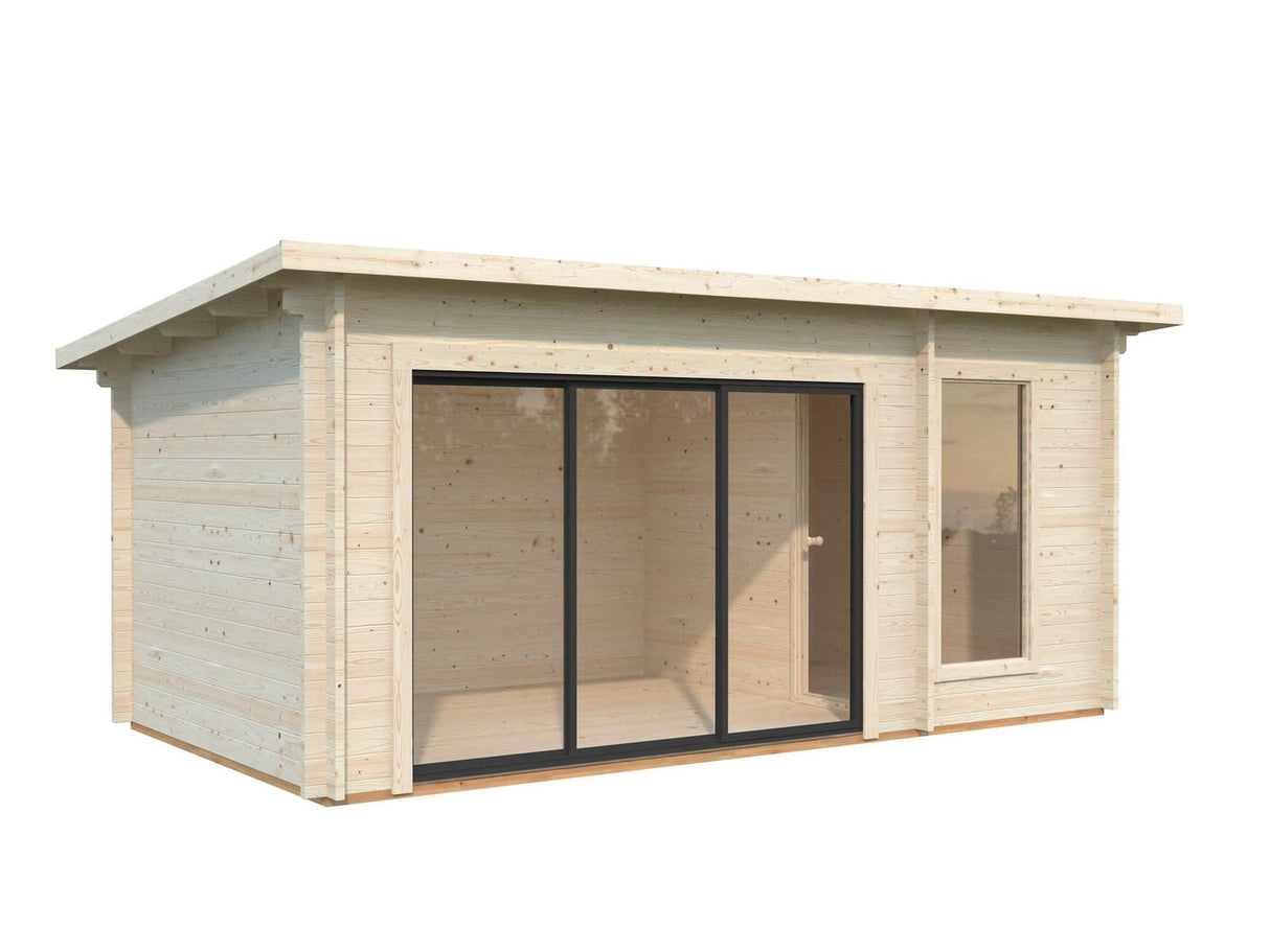 Sanna Sauna XL (5,2x2,9m | 12,8m² | 44mm) Moderni pihasauna tuplasillisilla liukuovilla