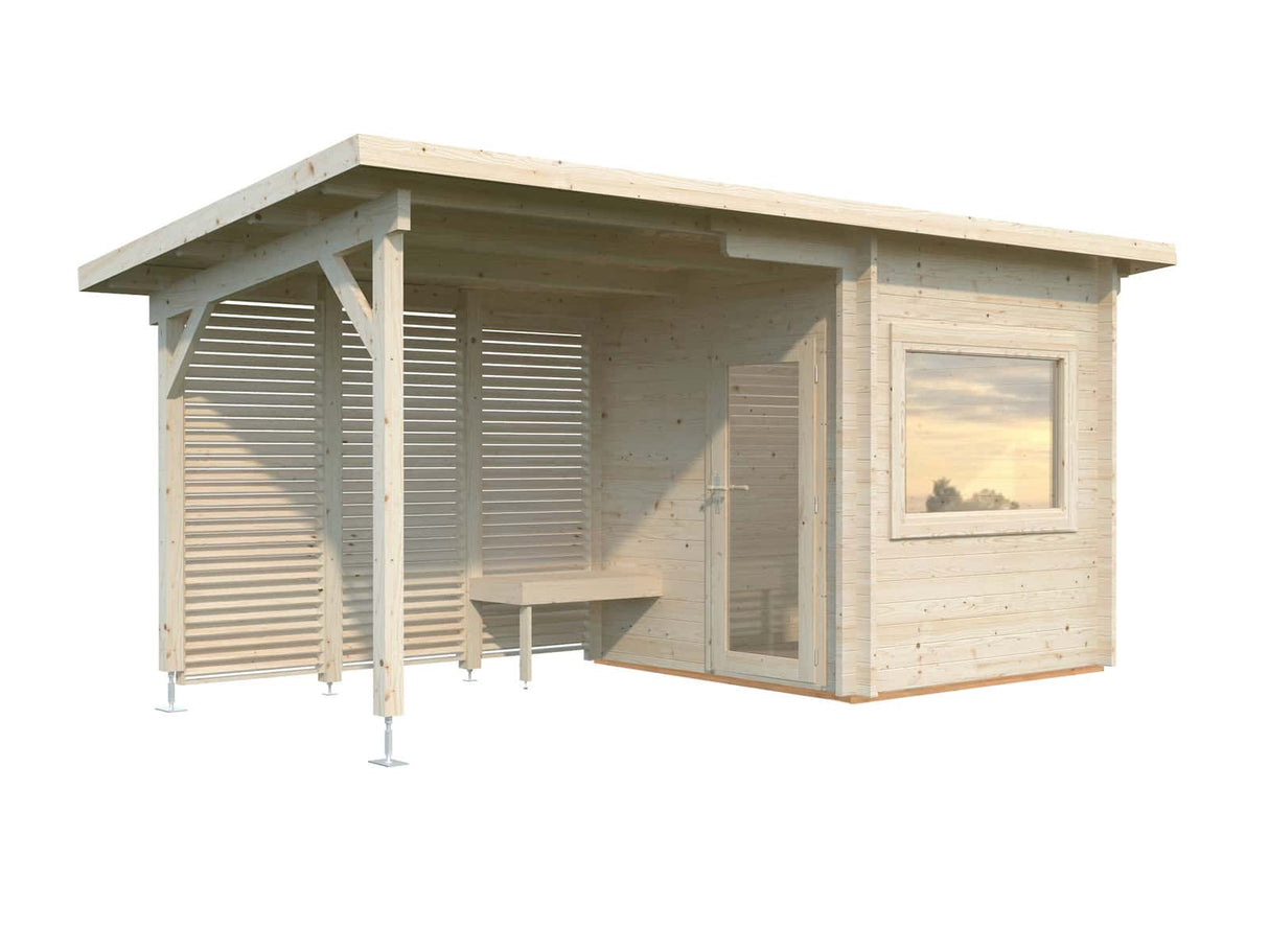 Sanna S+ (5,1x2,3m | 4,1+5,9m² | 44mm) Moderni pihasauna katoksella