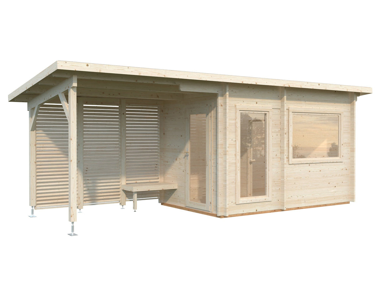 Sanna M+ (6,5x2,5m | 6,8+5,9m² | 44mm) Moderni pihasauna pukuhuoneella ja katoksella