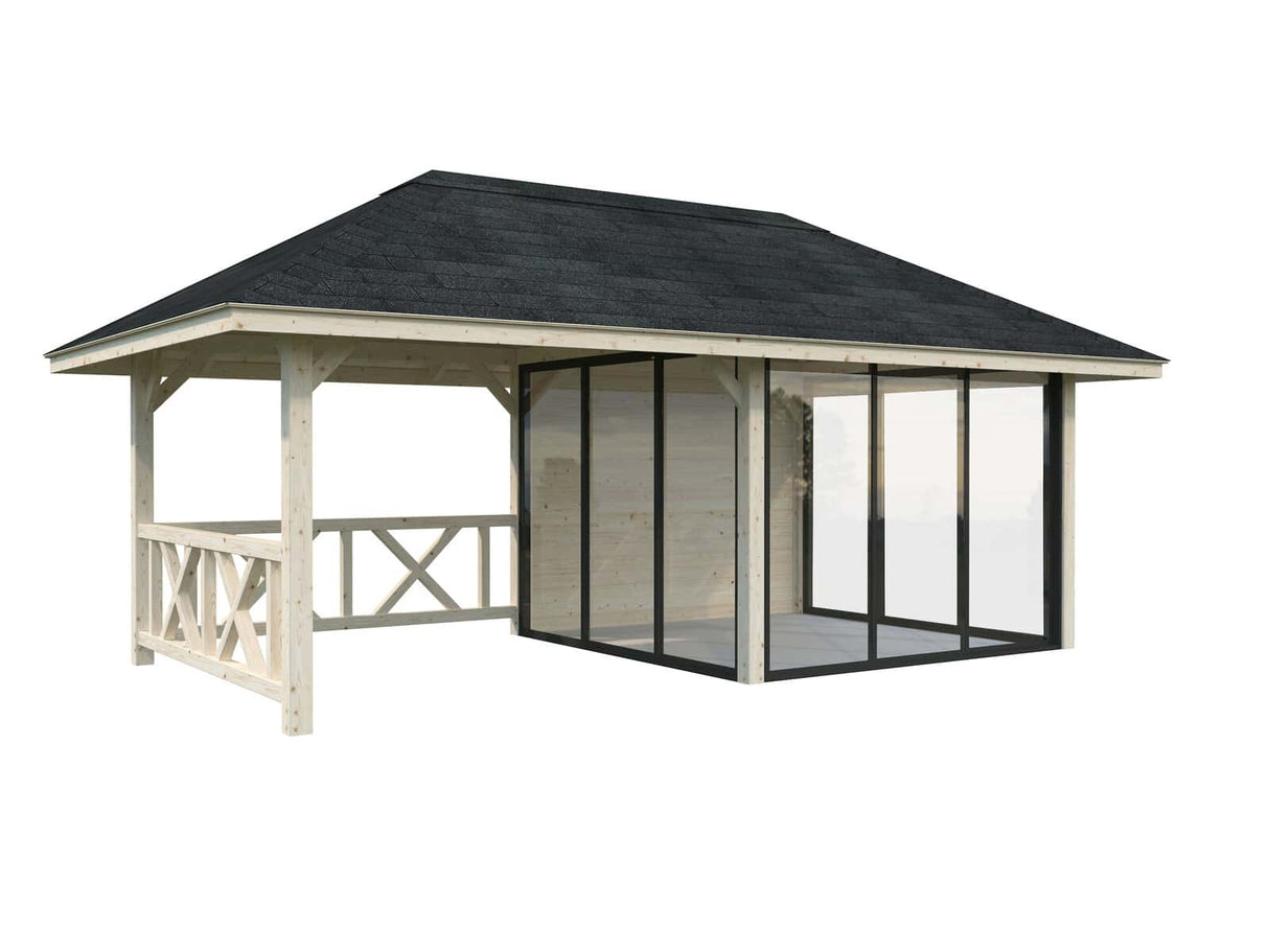 Bianca 204/504 (6x3m | 16,6m²) piharakennus kolmella lasiseinällä ja huvimajalla (saatavana tuplalasilla)