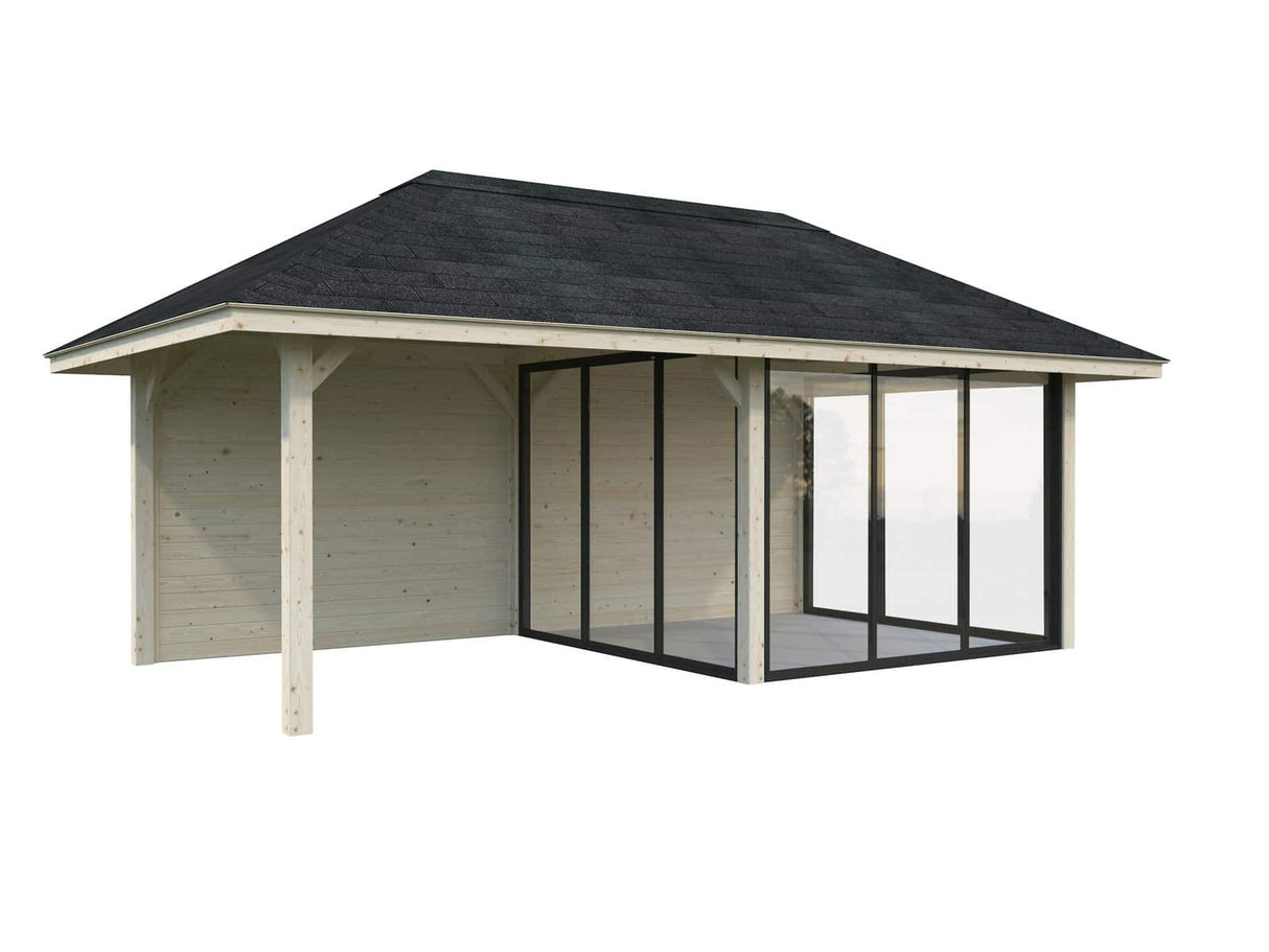 Bianca 206/506 (6x3m | 16,6m²) piharakennus kolmella liukulasiovella ja katoksella (saatavana tuplalasilla)