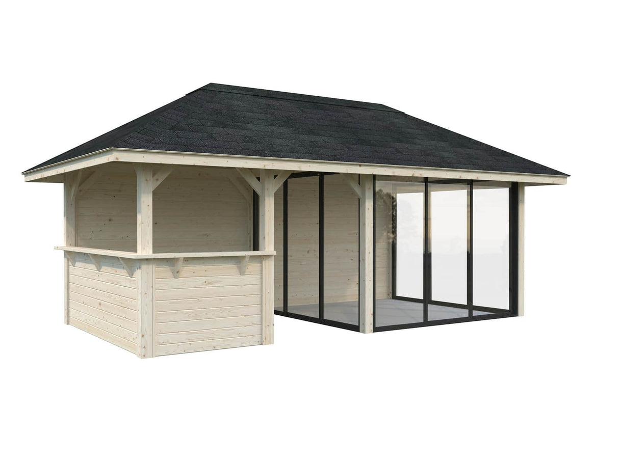 Bianca 208/508 (6x3m | 16,6m²) liukuovilla piharakennus puutarhabaarilla (saatavana tuplalasilla)