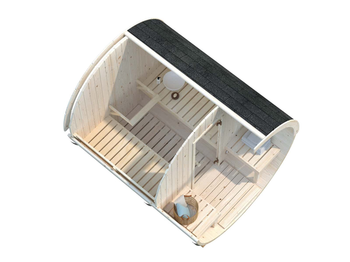 Anita M (2,2x2,5m | 1,3+0,7m² | 42mm) puinen tynnyrisauna