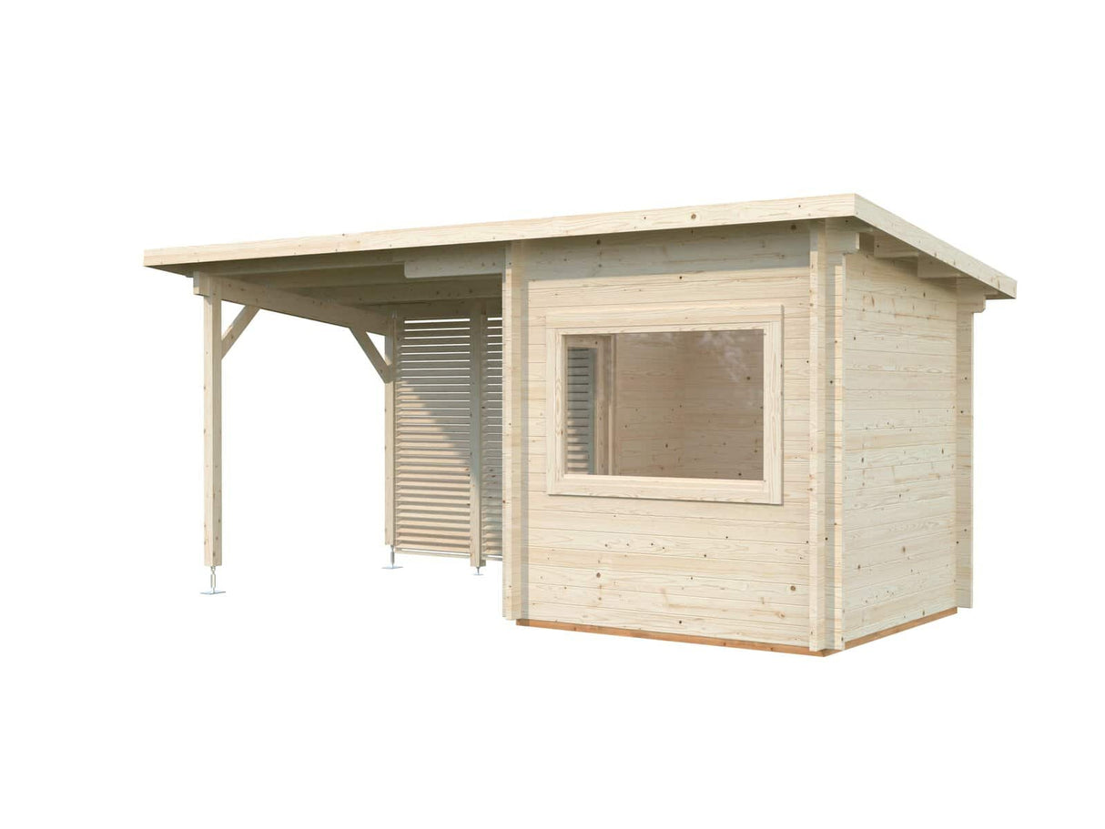 Sanna S+ (5,1x2,3m | 4,1+5,9m² | 44mm) Moderni pihasauna katoksella