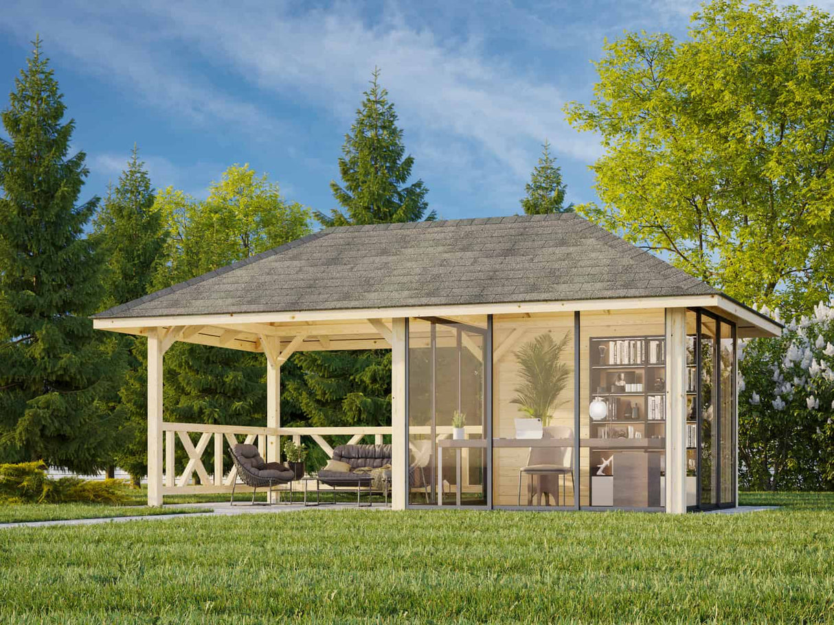 Bianca 204/504 (6x3m | 16,6m²) piharakennus kolmella lasiseinällä ja huvimajalla (saatavana tuplalasilla)