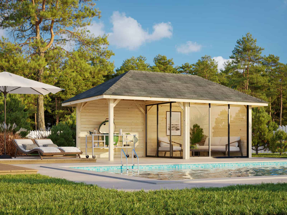 Bianca 205/505 (6x3m | 16,6m²) lasinen piharakennus terassilla (saatavana tuplalasilla)