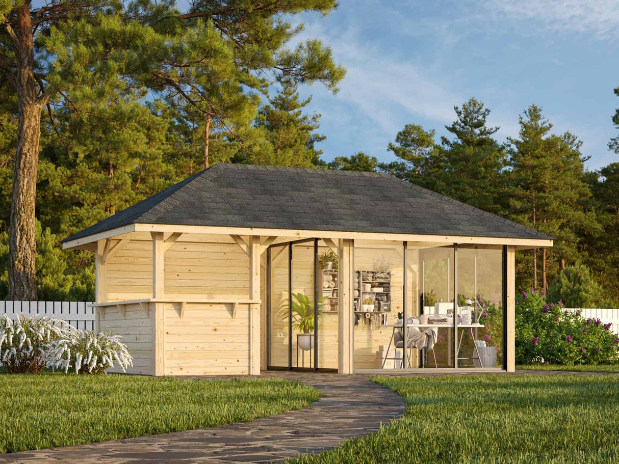 Bianca 208/508 (6x3m | 16,6m²) liukuovilla piharakennus puutarhabaarilla (saatavana tuplalasilla)