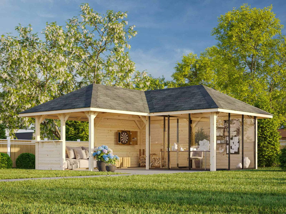 Bianca 210/510 (6x6m | 24,9m²) kulmapiharakennus isolla huvimajalla (saatavana tuplalasilla)