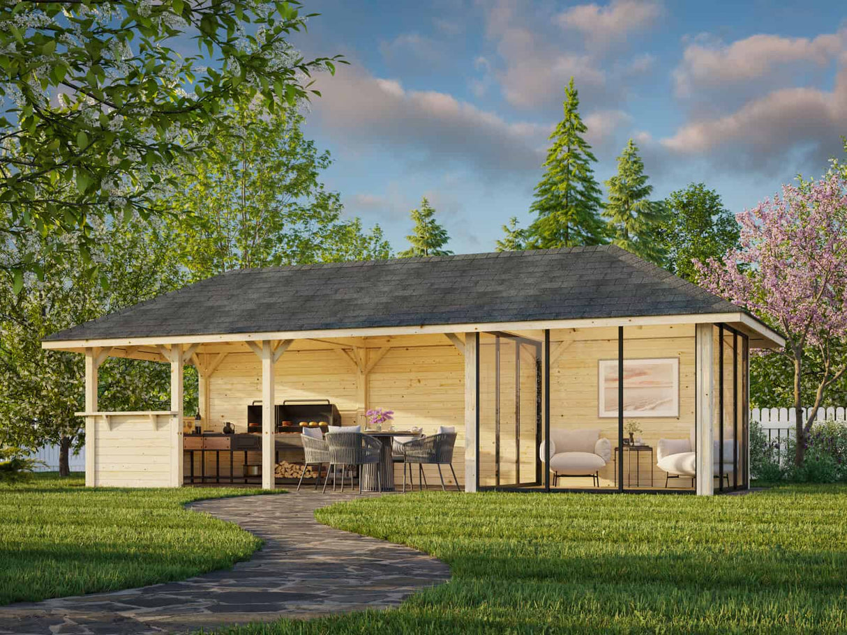 Bianca 216/516 (9x3m | 24,9m²) piharakennus liukuovilla (saatavana tuplalasilla)