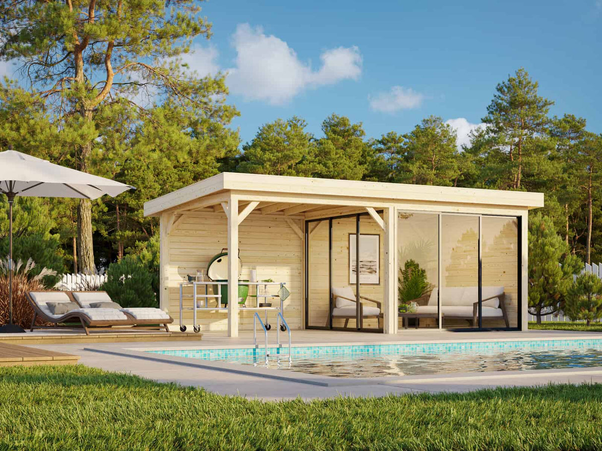 Lenna 405/705 (6x3m | 16,6m²) Lasinen piharakennus liukuovilla (Saatavana tuplalasilla)