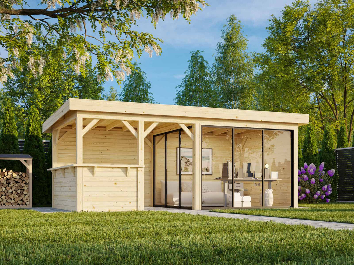 Lenna 407/707 (6x3m | 16,6m²) Lasinen piharakennus liukuovilla tuplalasilla)