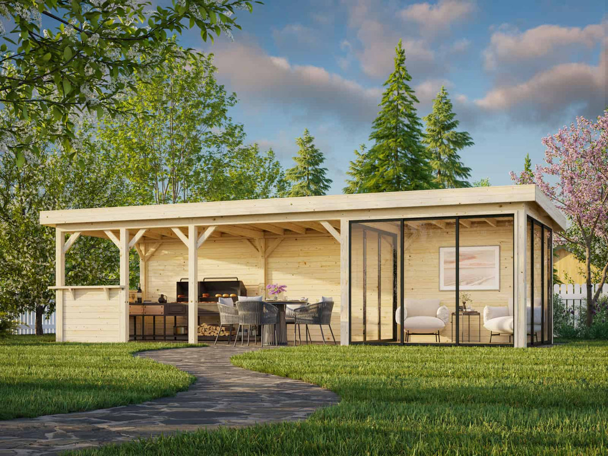 Lenna 416/716 (9x3m | 24,9m²) Lasinen piharakennus liukuovilla (Saatavana tuplalasilla)