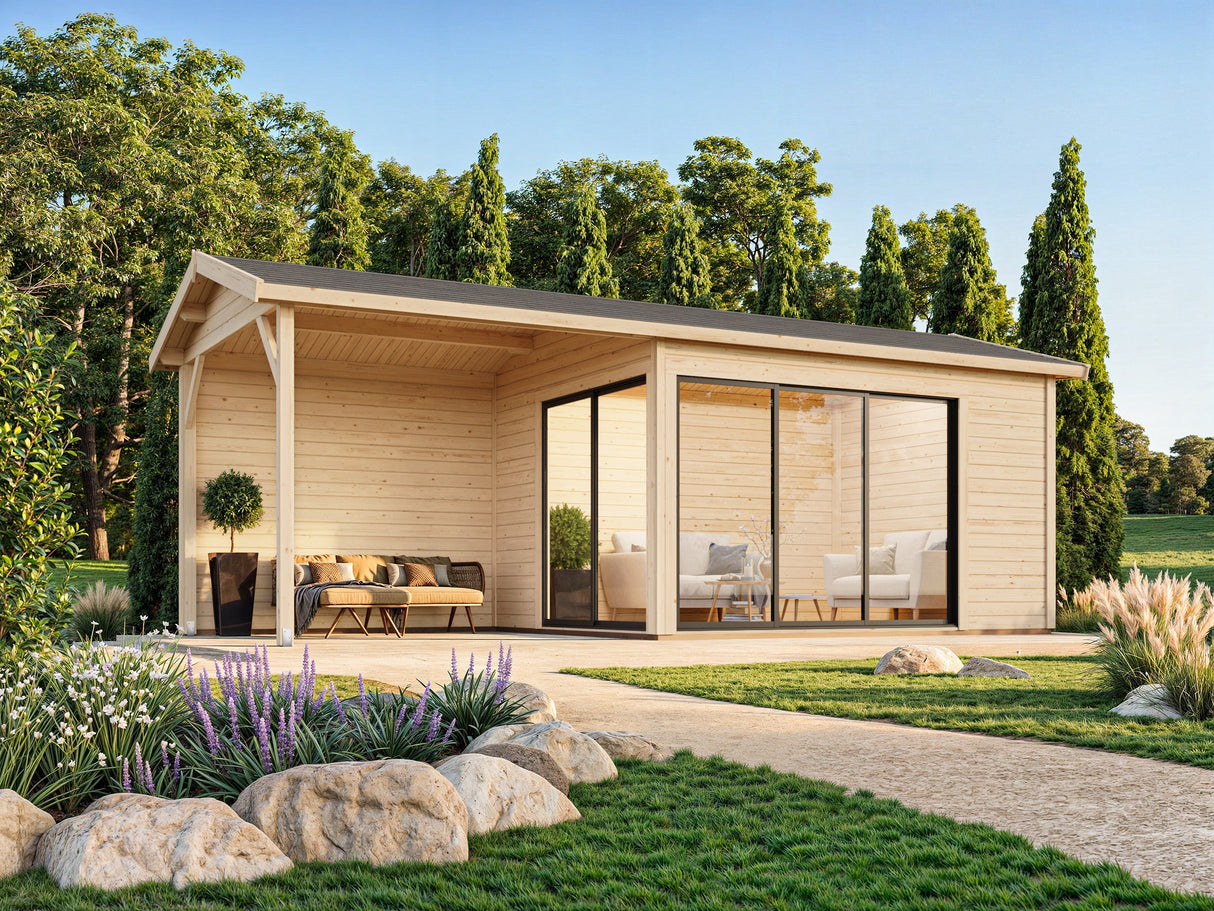 Amanda S+ (6,7x3m | 11,2+7,8 m2 | 44mm) Moderni vierasmaja katoksella ja liukuovilla (Saatavilla kaksoislasituksella)