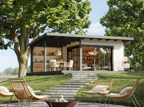 Andrea L (6,9x3m | 11,2+7,9m² | 44mm) piharakennus liukuovilla (saatavana kaksilasitus)