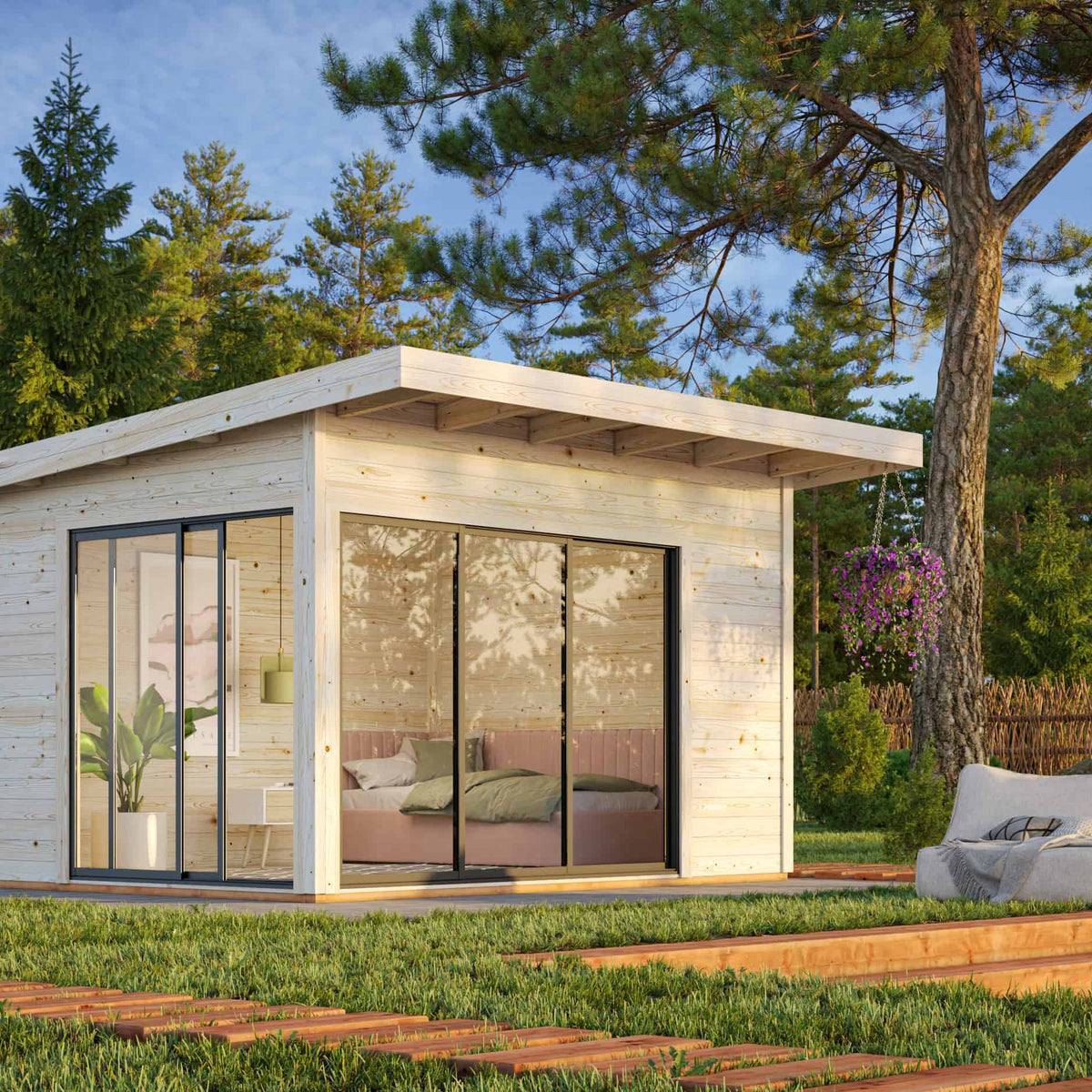 Andrea S (3,9x3m | 11,2m² | 44mm) moderni kulmakevytmökki liukuovilla ...