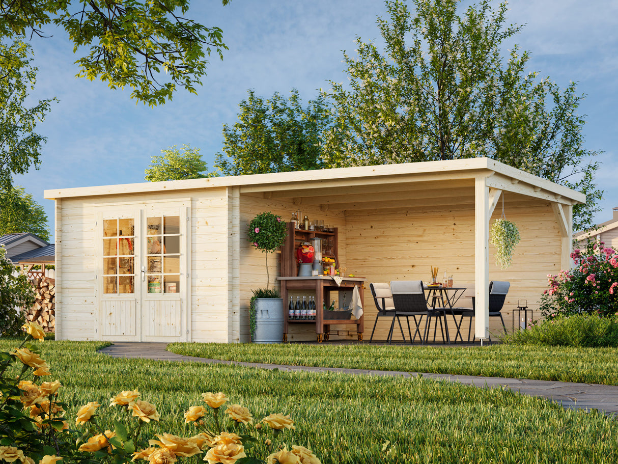 Ella (6,7x3,2m | 8,7+10,0m² | 28mm) Pulpettikattoinen kesämökki