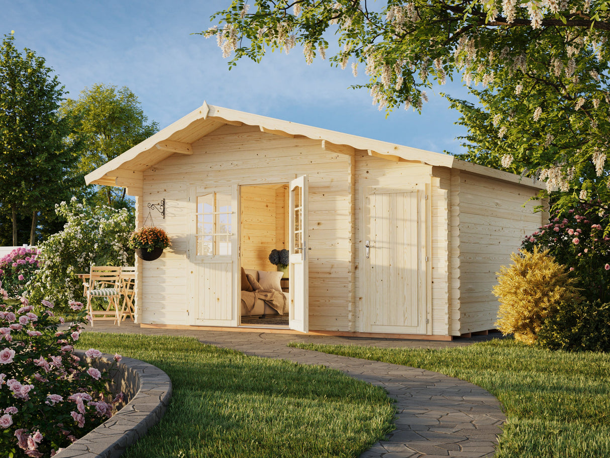 Emma XL (4,7x3,5m | 14,3m² | 34mm) Alppityylinen pihamökki sivuvarastolla
