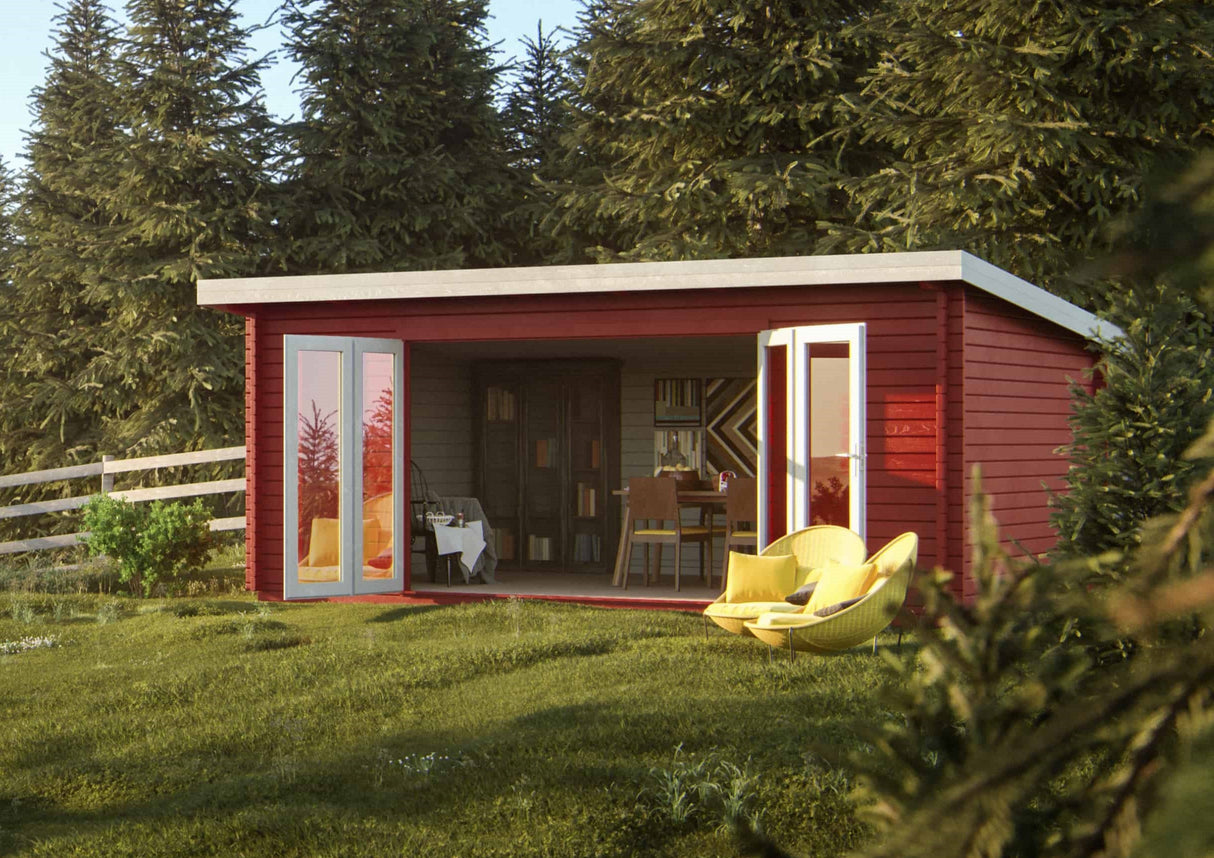 Lea L (5,5x4m | 19,4m² | 44mm) Pulpettikattoinen piharakennus taitto-ovilla