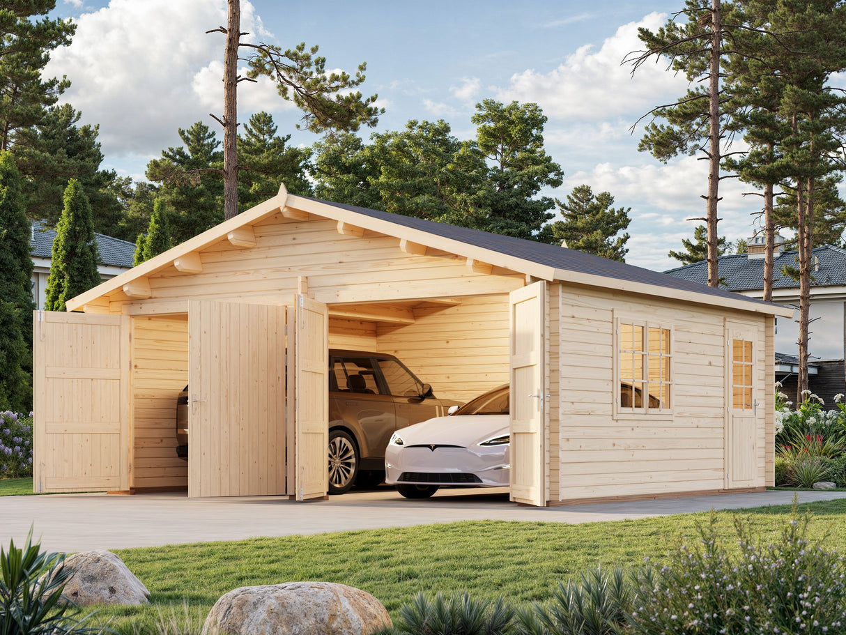 Roger L (5,6x5,6m | 27,7m² | 70mm) Tilava autotalli puuovella