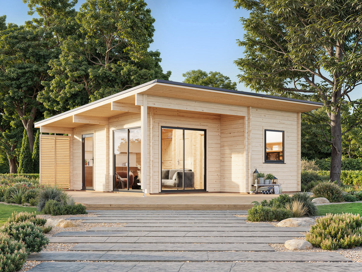 Cecilia XL (5,6x6,9m | 30m² | 70mm) Neljähuoneinen moderni kesämökki alumiiniovilla ja -ikkunoilla