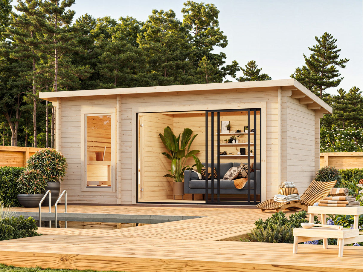 Sanna Sauna XL (5,2x2,9m | 12,8m² | 44mm) Moderni pihasauna tuplasillisilla liukuovilla