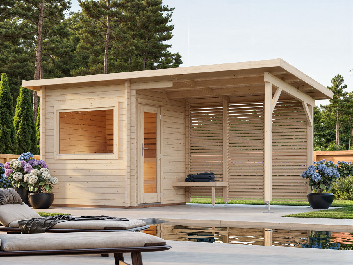 Sanna S+ (5,1x2,3m | 4,1+5,9m² | 44mm) Moderni pihasauna katoksella
