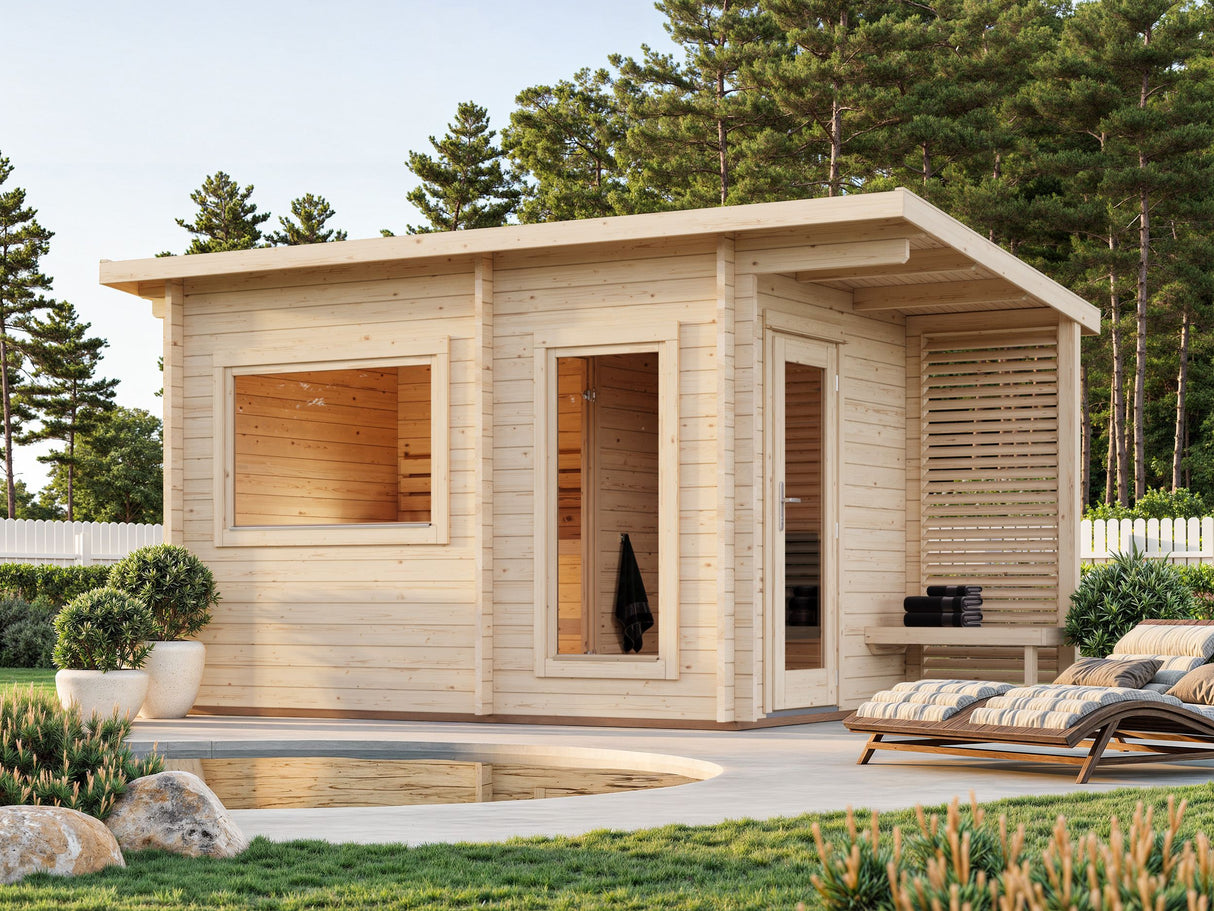 Sanna M (3,7x2,3m | 6,8m² | 44mm) Moderni pihasauna pukuhuoneella