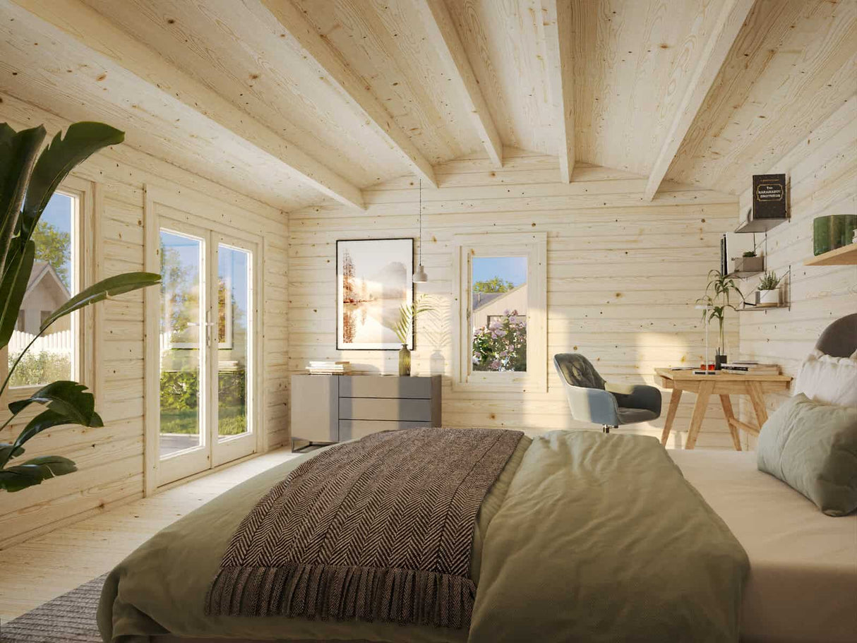 Iris L (5,3x4,1m | 19,1m² | 44mm) Kesämökki kaksinkertaisilla laseilla ja kaksoisovilla (2024 päivitetty malli)