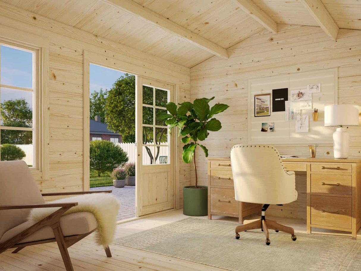 Iris S (3,8x3m | 9,6m² | 28mm) Kompakti alle 2,5m korkea kesämökki