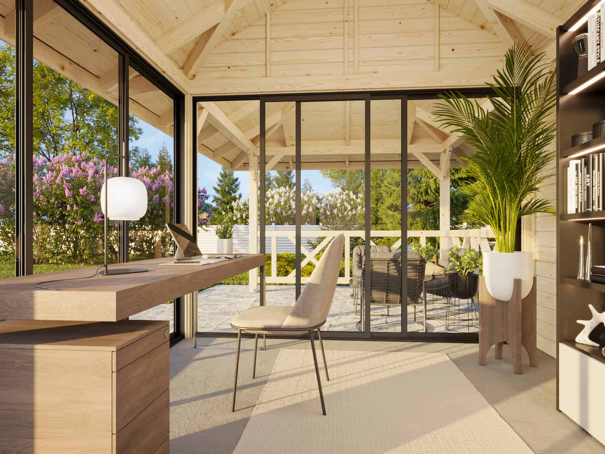 Bianca 204/504 (6x3m | 16,6m²) piharakennus kolmella lasiseinällä ja huvimajalla (saatavana tuplalasilla)