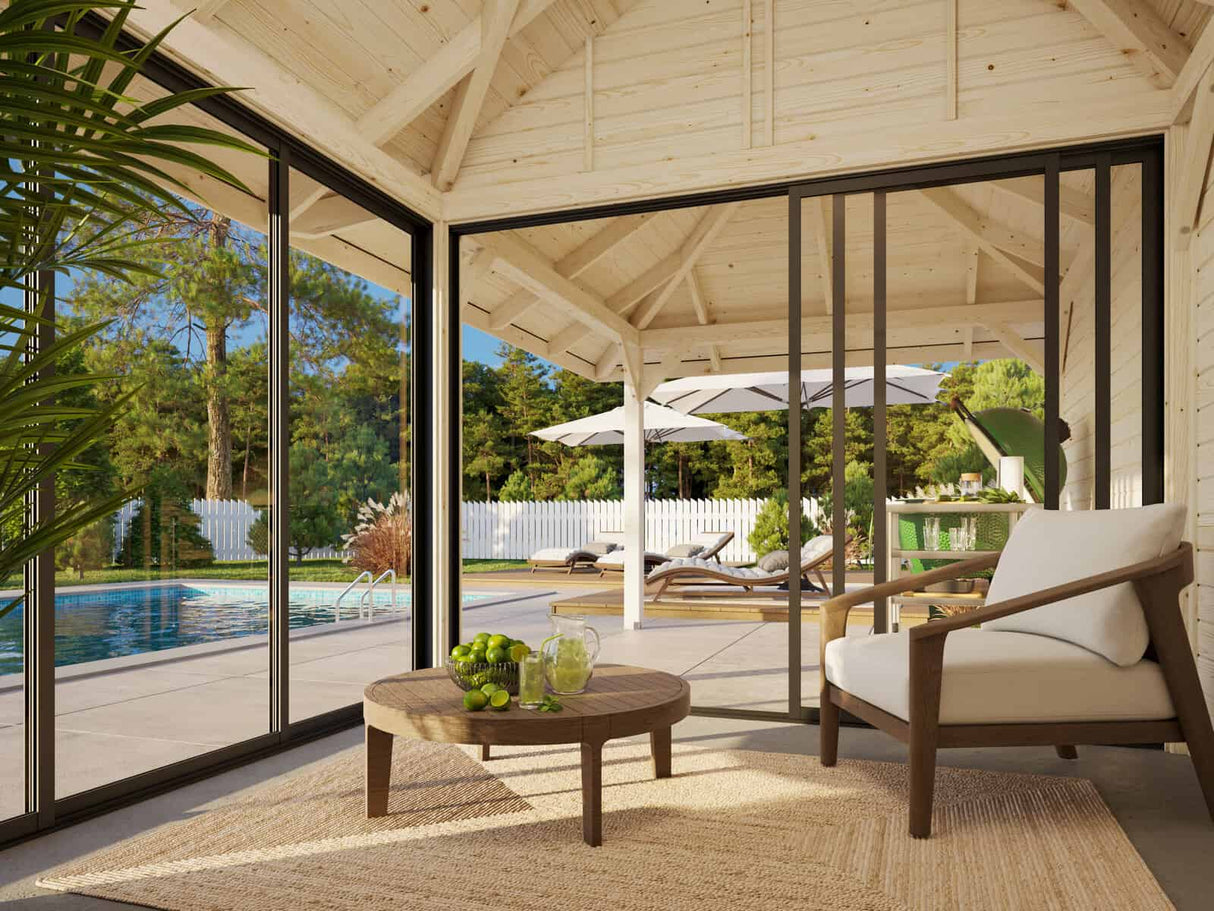 Bianca 205/505 (6x3m | 16,6m²) lasinen piharakennus terassilla (saatavana tuplalasilla)