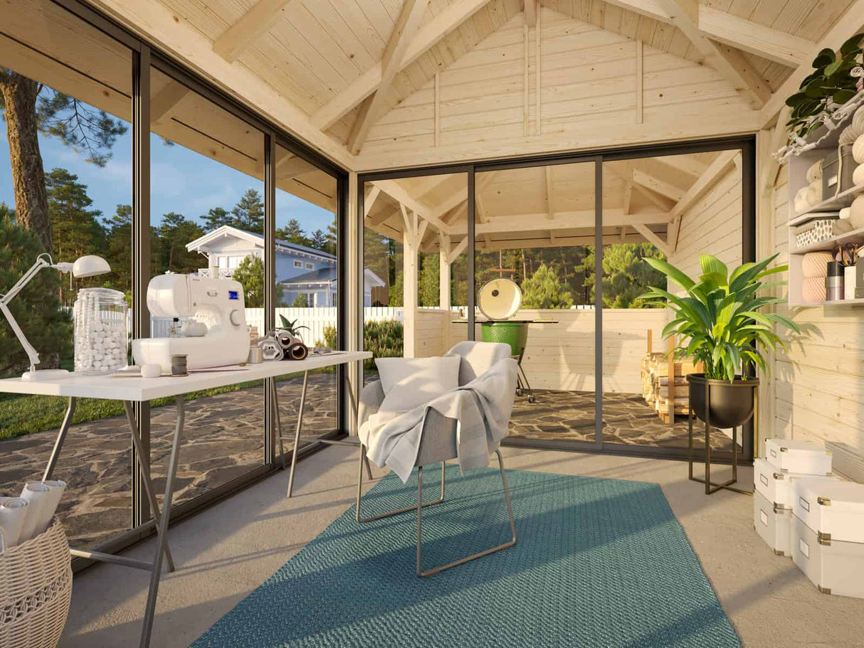 Bianca 208/508 (6x3m | 16,6m²) liukuovilla piharakennus puutarhabaarilla (saatavana tuplalasilla)