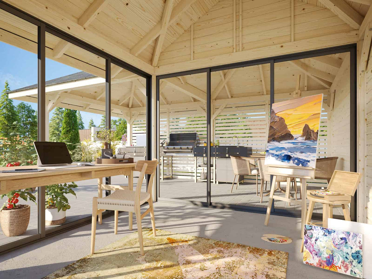 Bianca 211/511 (6x6m | 24,9m²) kulmakevytmökki liukuovilla ja sälekaihdinseinillä (saatavana tuplalasilla)