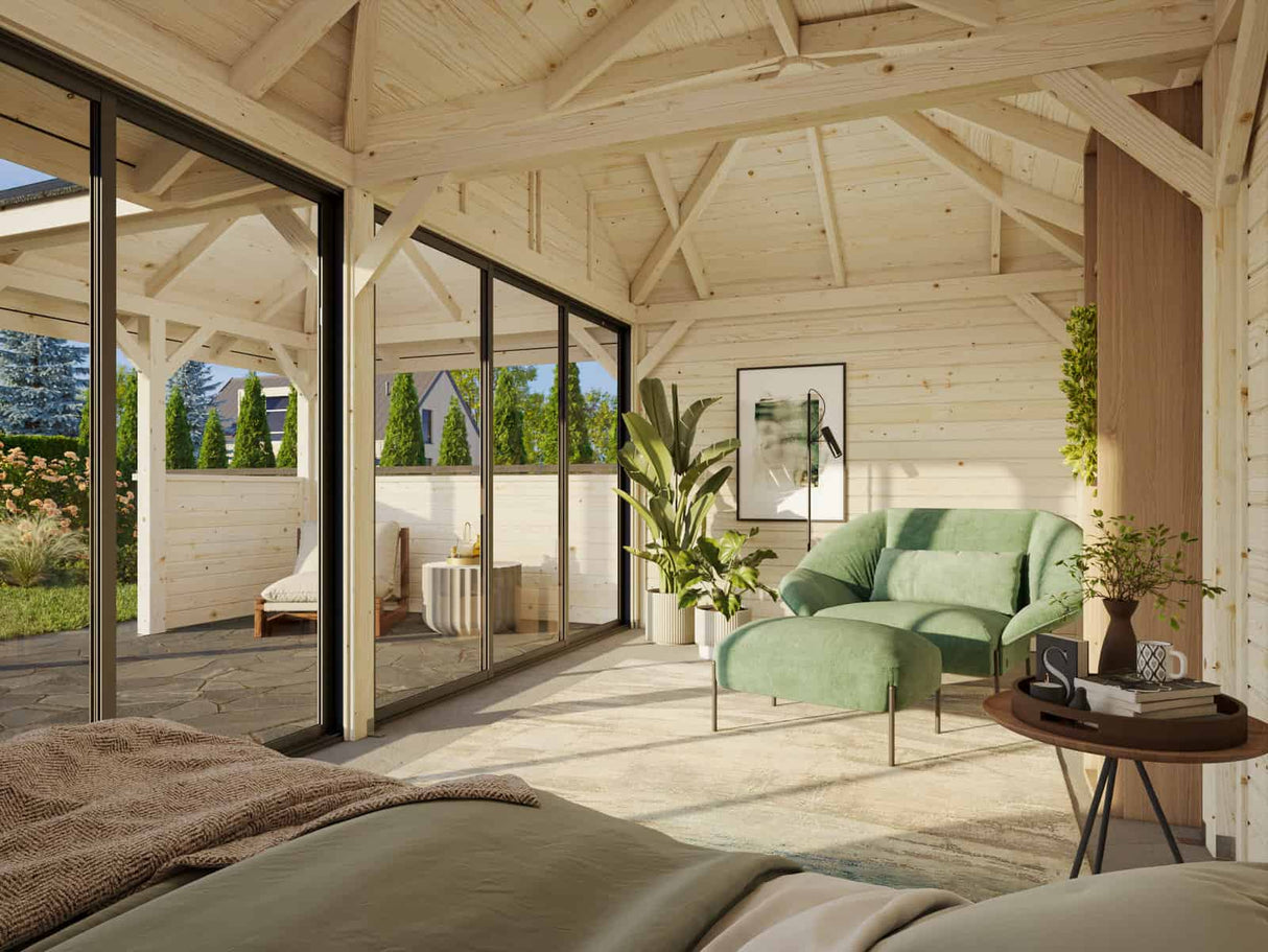 Bianca 222/522 (6x6m | 24,9m²) piharakennus liukuovilla (saatavana tuplalasilla)