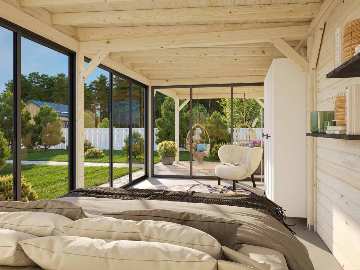 Lenna 417/717 (9x3m | 24,9m²) Lasinen piharakennus liukuovilla (Saatavana tuplalasilla)