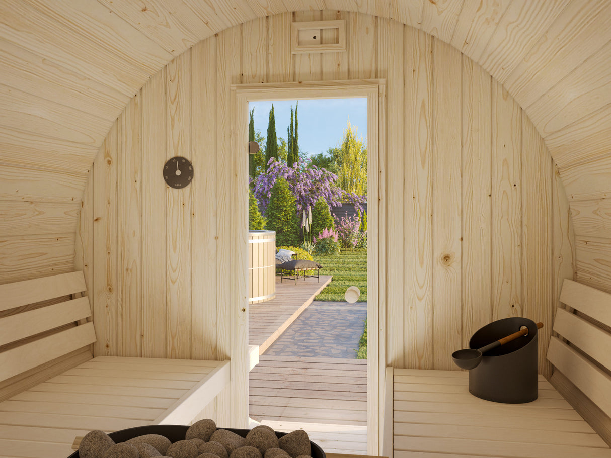 Anita M (2,2x2,5m | 1,3+0,7m² | 42mm) puinen tynnyrisauna