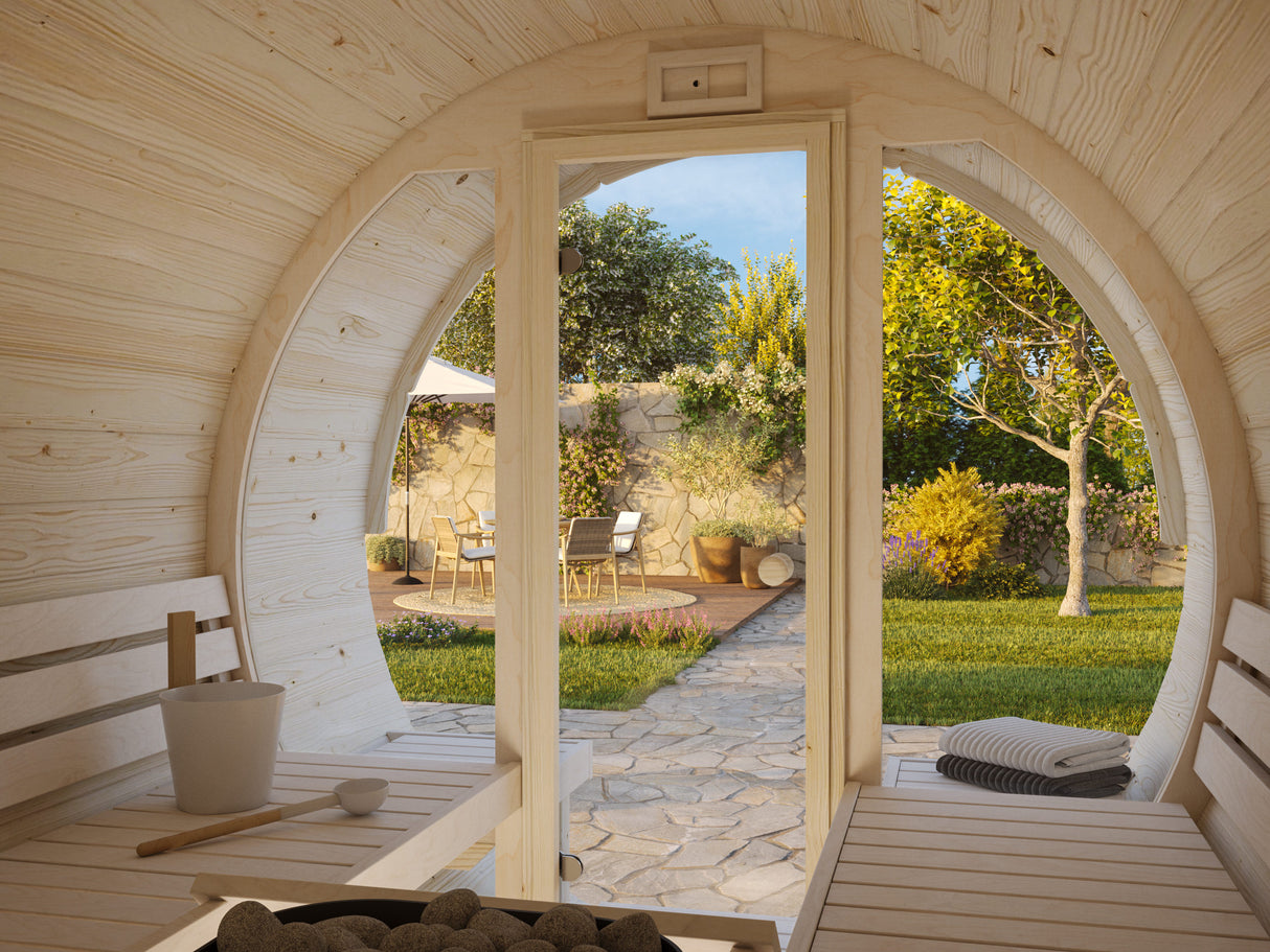 Anita M (2,2x2,5m | 1,3+0,7m² | 42mm) puinen tynnyrisauna lasiseinällä