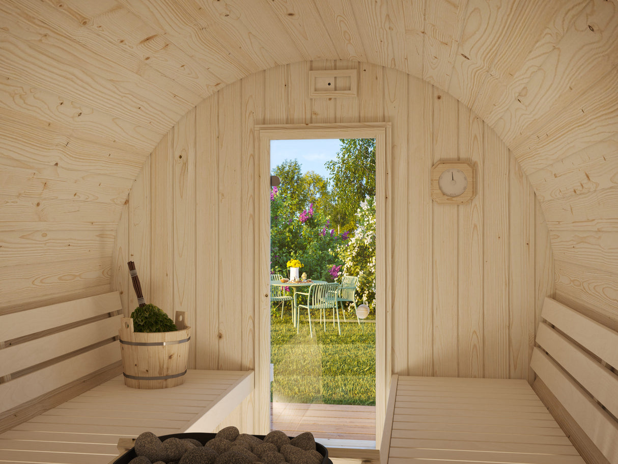 Anita L (2,2x2,9m | 1,6+0,7m² | 42mm) puinen tynnyrisauna