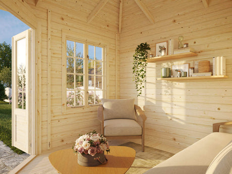 Melanie XS (2,8x2,8m | 6,9m² | 44mm) Kompakti perinteinen kulmamökki