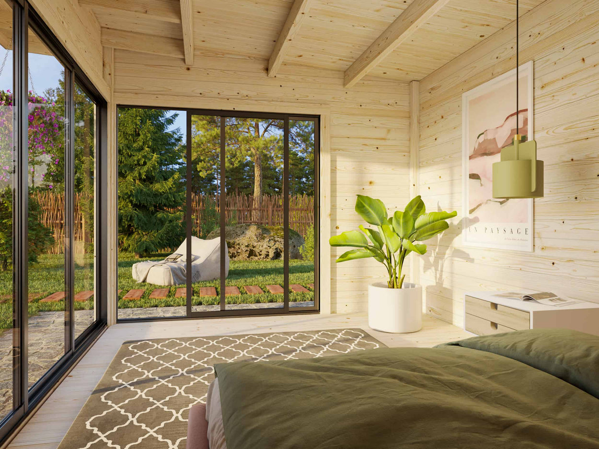 Andrea S (3,9x3m | 11,2m² | 44mm) moderni kulmakevytmökki liukuovilla (saatavana kaksilasitus)