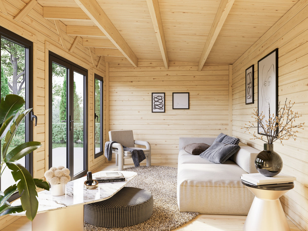 Aurelia L+ (8,3x3 m | 15,2 + 7,9 m² | 44 mm) Tilava moderni pihahuone katoksella