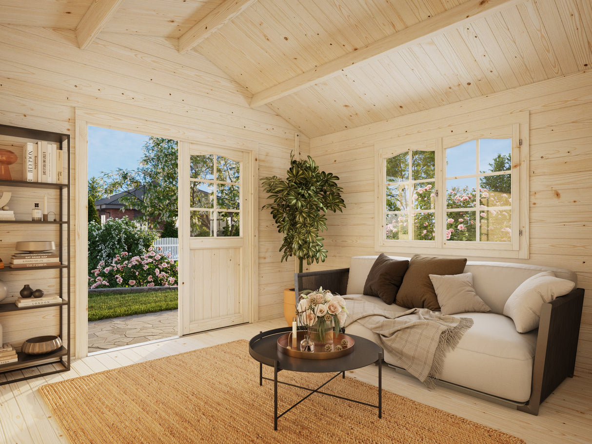 Emma XL (4,7x3,5m | 14,3m² | 34mm) Alppityylinen pihamökki sivuvarastolla