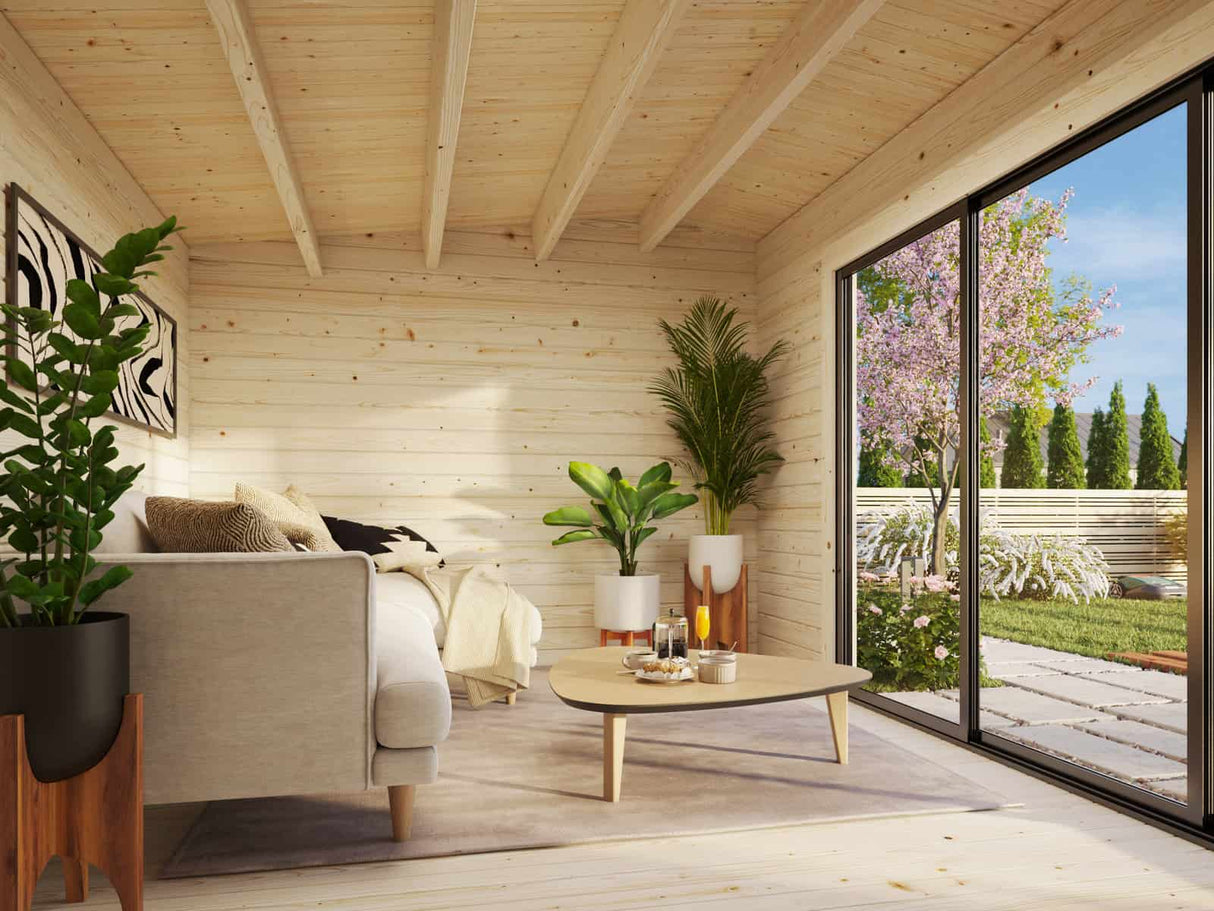 Ines L (4,8x3m | 13,7m² | 44mm) Tilava puutarhatoimisto liukuovilla (saatavana tupla-lasilla)