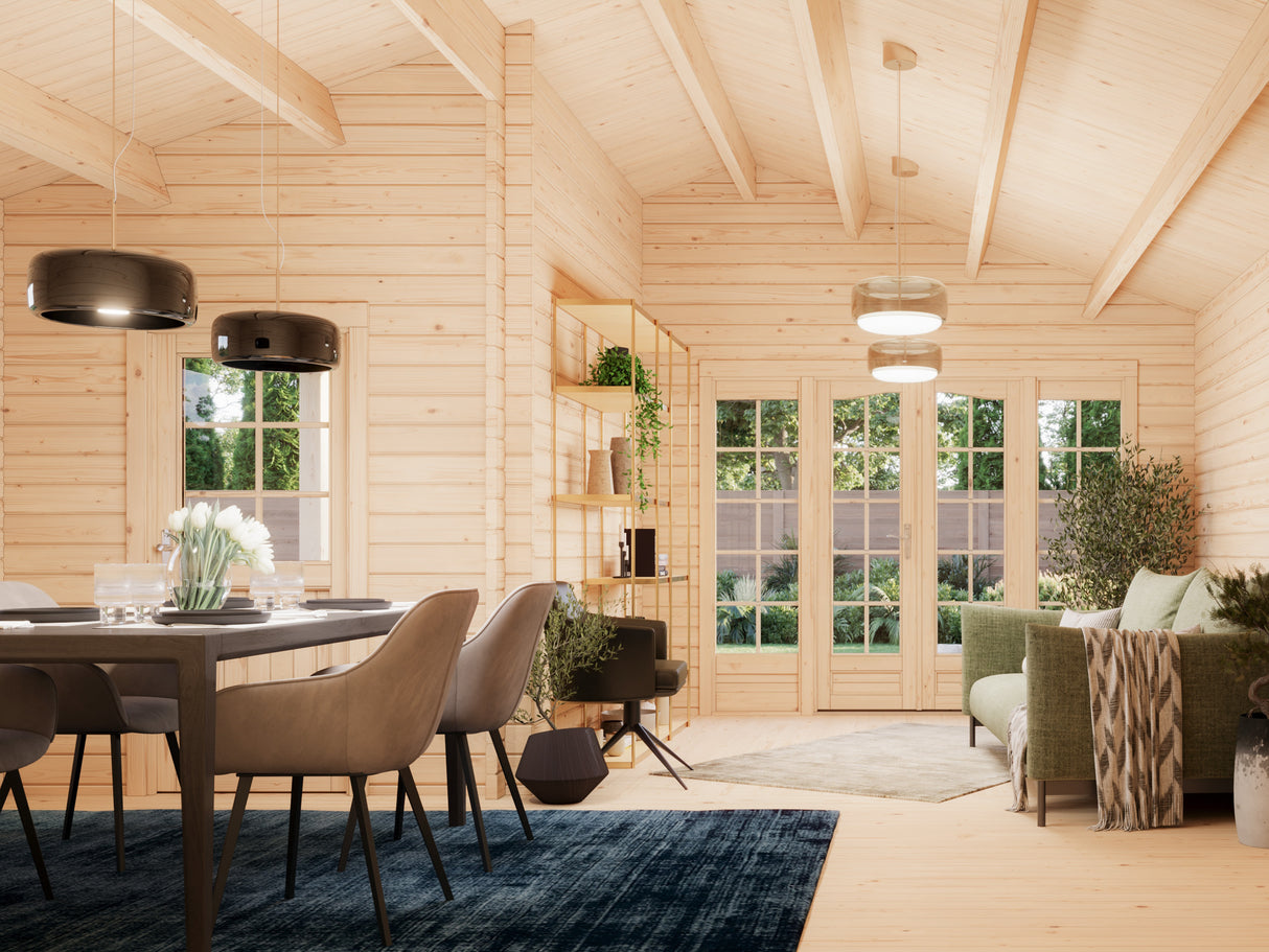 Irene XL (5,3x5,7m | 21,9+5,2m² | 44mm) Tilava kesämökki kuistilla