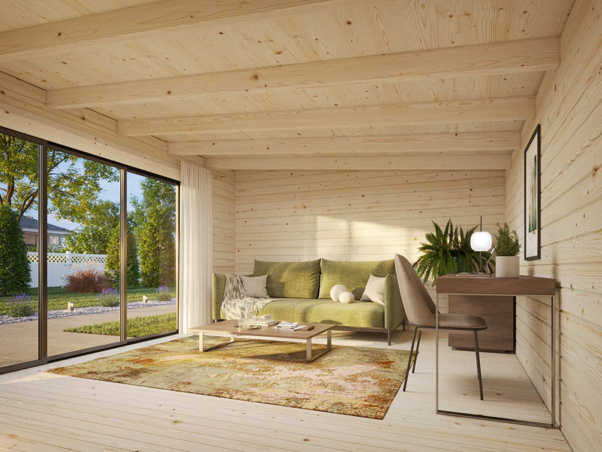 Lea L (5,3x3,8m | 19,4m² | 44mm) Pulpettikattoinen piharakennus liukuovilla (saatavana tupla-lasillisena)