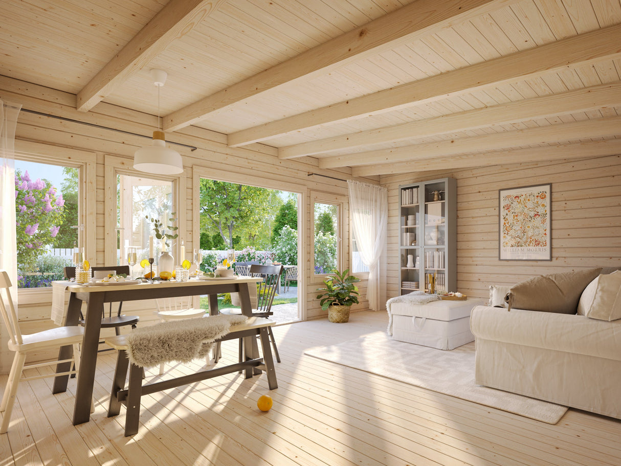 Lisa L (5,5x4m | 19,4m² | 44mm) Tilava pulpettikattoinen kesämökki kaksoisovilla (2024 päivitetty malli)