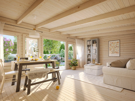 Lisa L (5,5x4m | 19,4m² | 44mm) Tilava pulpettikattoinen kesämökki kaksoisovilla (2024 päivitetty malli)